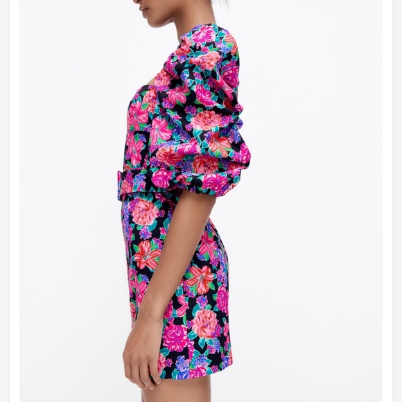 Zara Pink Floral Heart Neckline Puff Sleeve Belted Romantic Mini Dress NWT - Picture 4 of 16